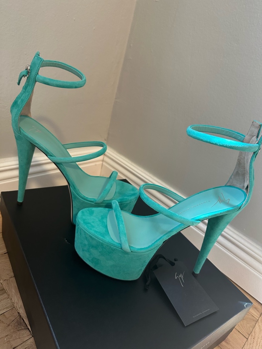 Giuseppe Zanotti Turquoise Suede Platform Ankle-Strap Pumps